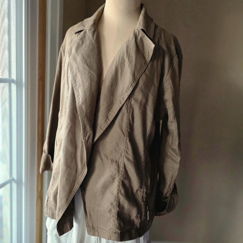 Chico's Warm Tan Linen Blend Open Front Blazer Jacket Size Large NWOT Old Money